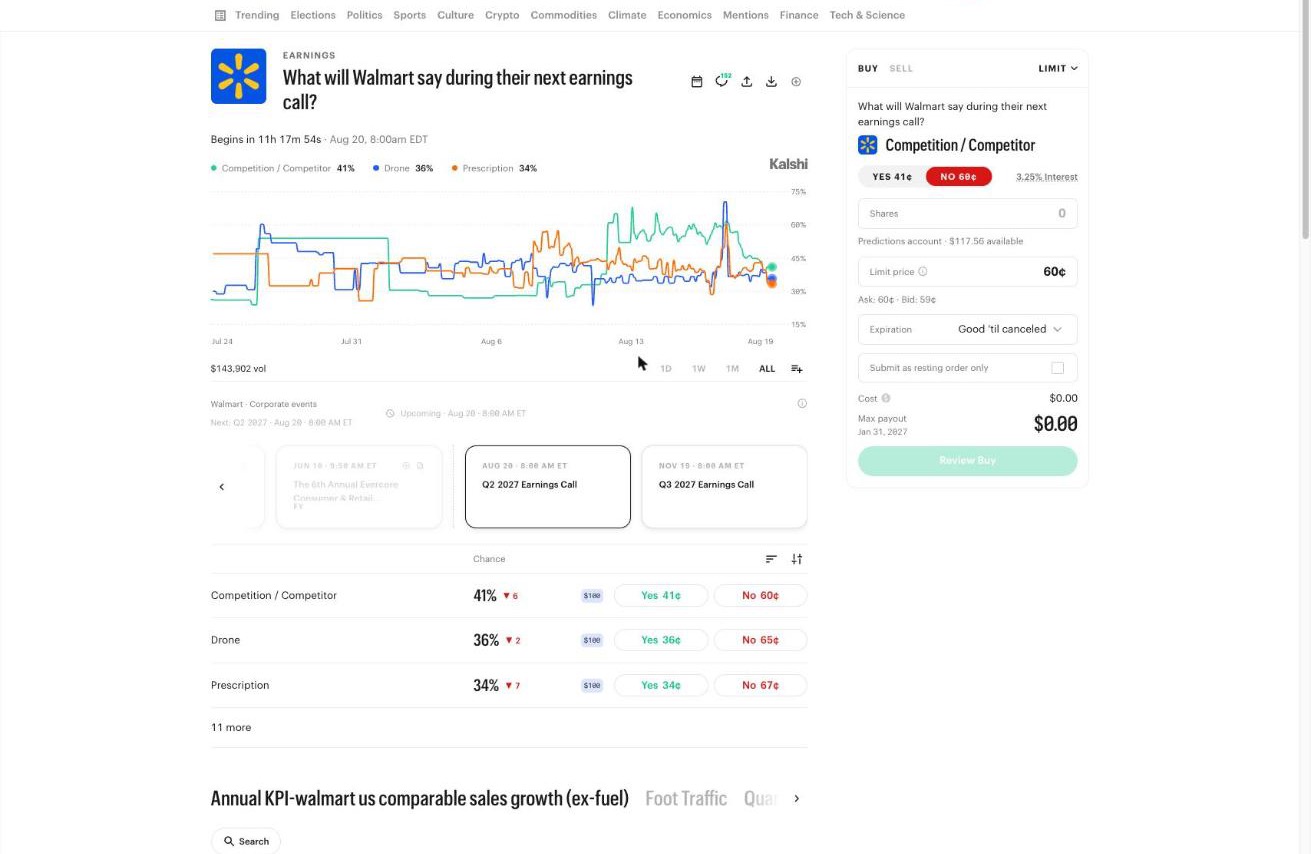 Kalshi market detail for 'What will Walmart say during their next earnings call?' showing price chart for Competition, Drone, and Prescription contracts