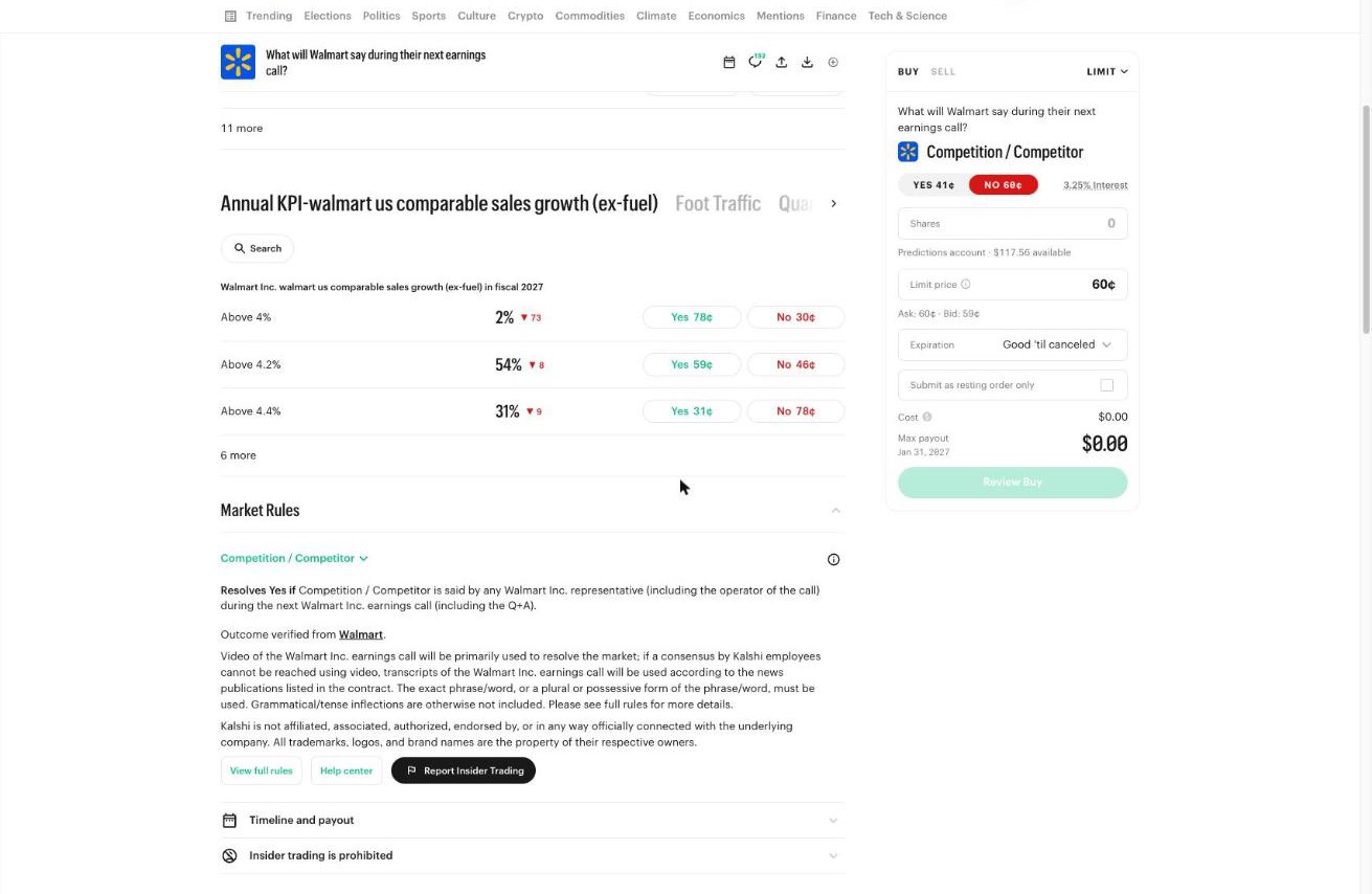 Kalshi market rules for the Walmart mention market, stating resolution is verified from video and transcripts of the earnings call, next to Walmart comparable sales growth KPI markets
