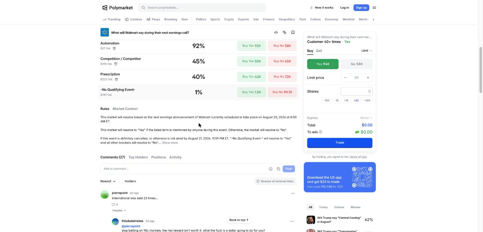 Polymarket rules for the Walmart mention market, resolving Yes if the listed term is mentioned during the event, with trader comments disputing the count